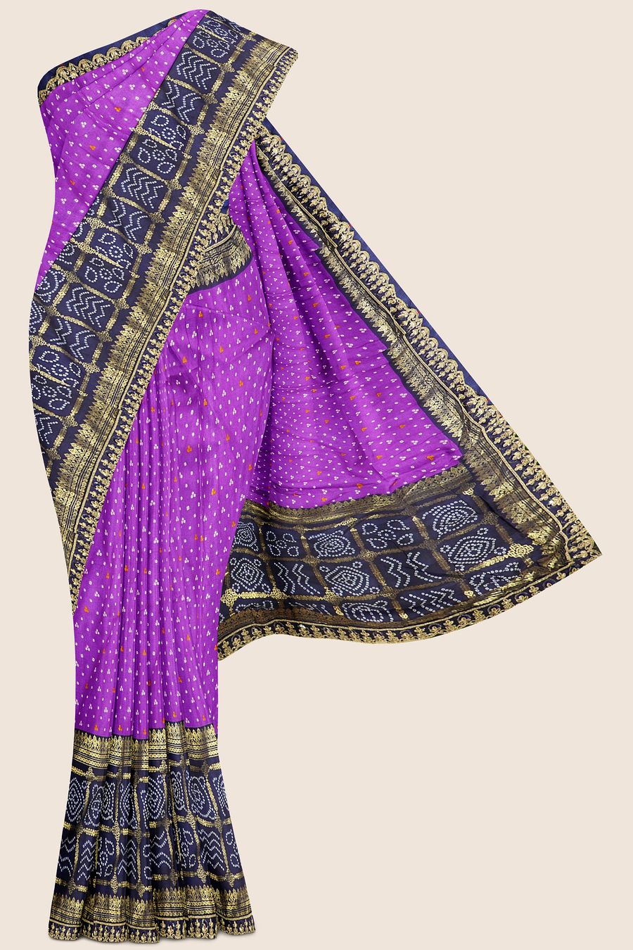 Patola Silk Bandhini Print Brinjal And Navy Blue Saree
