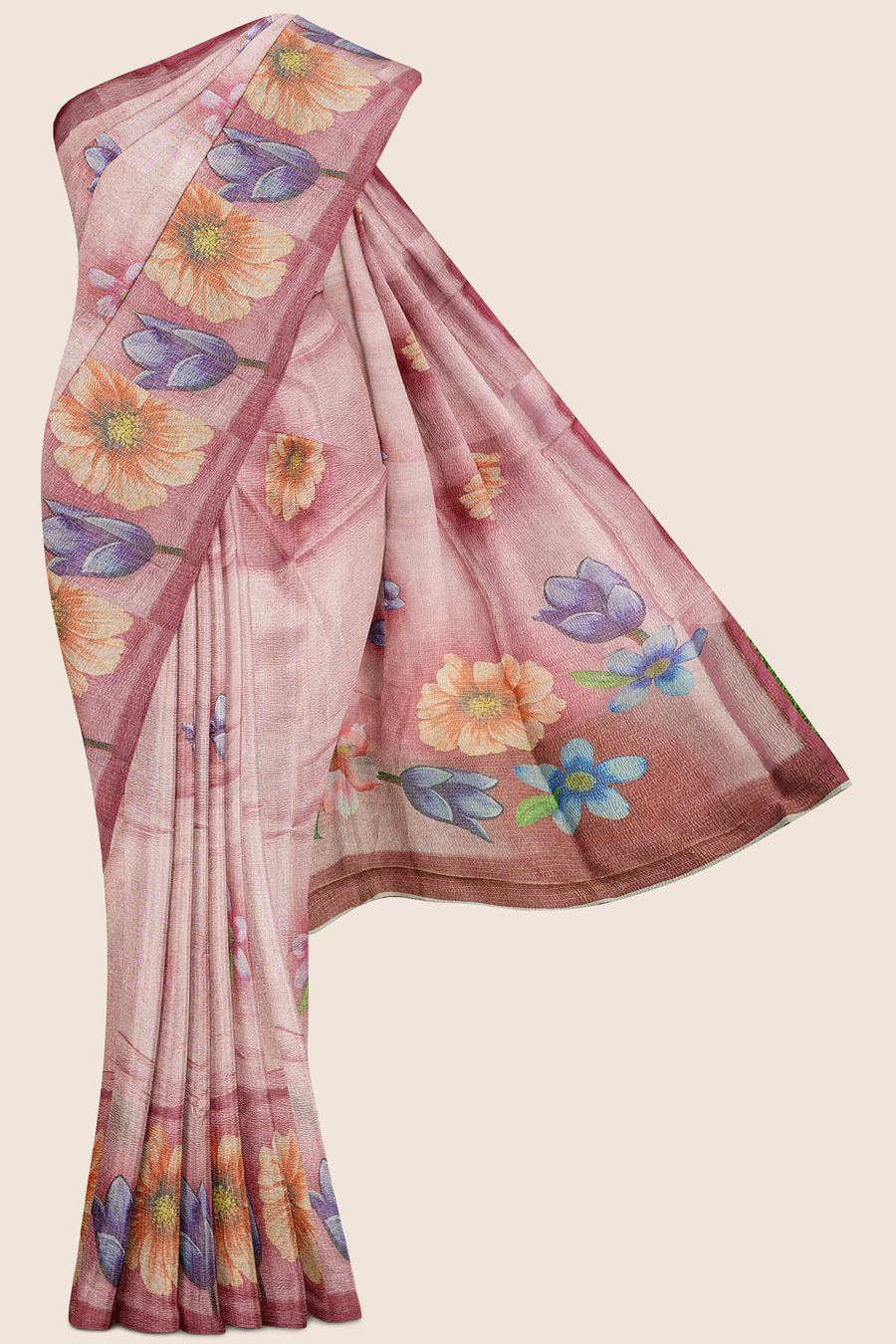 Tissue Silk Flower Bunch Peach Pink Saree