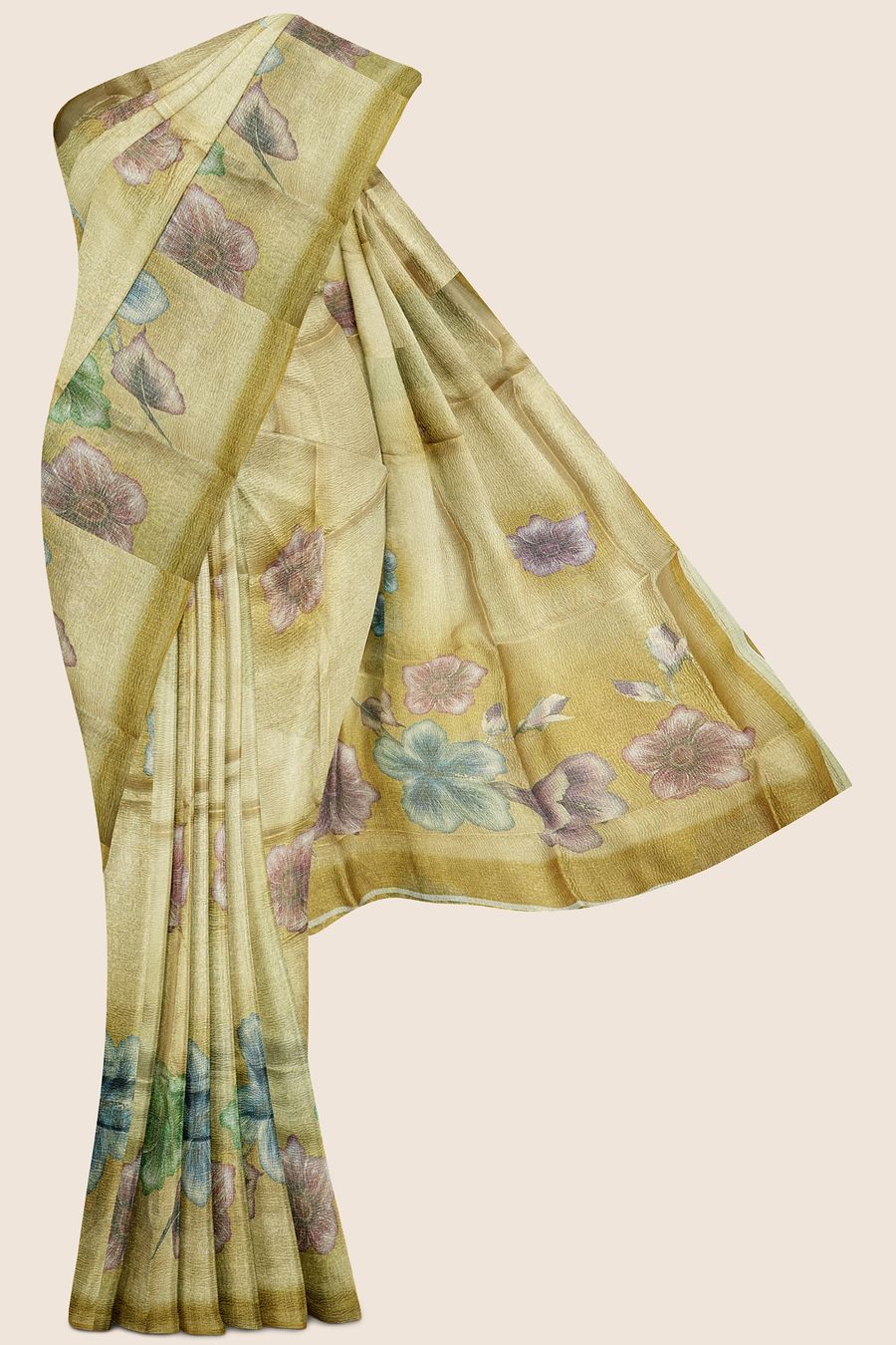 Tissue Silk Flower Bunch Light Green Saree
