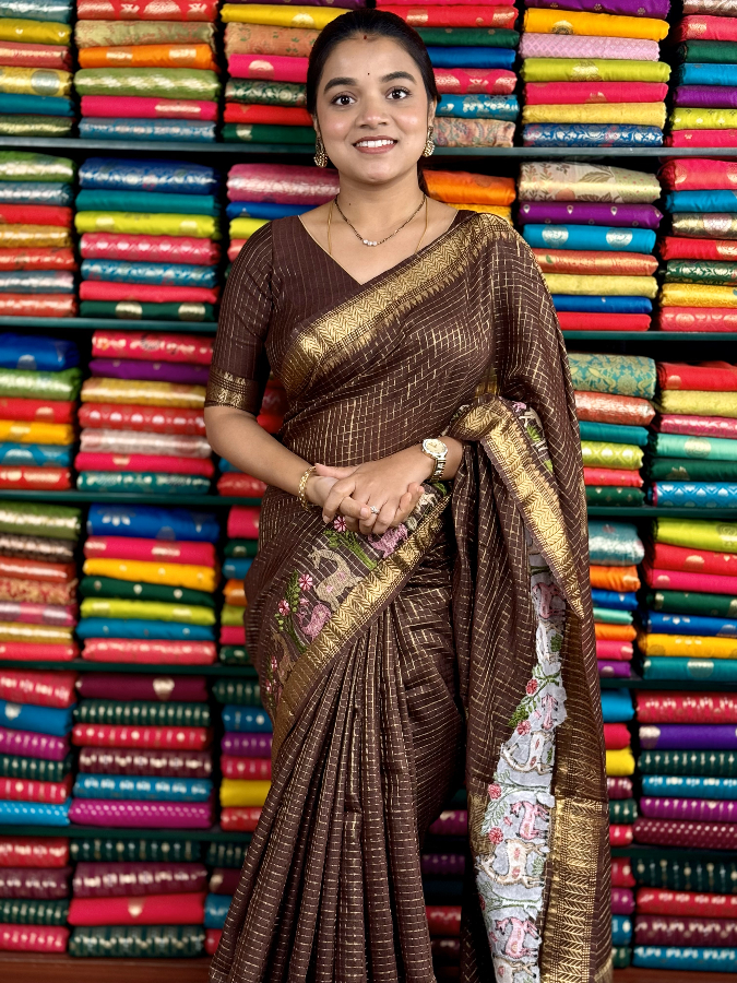 Mangalagiri Checks Deer Design Chocolate Brown Saree