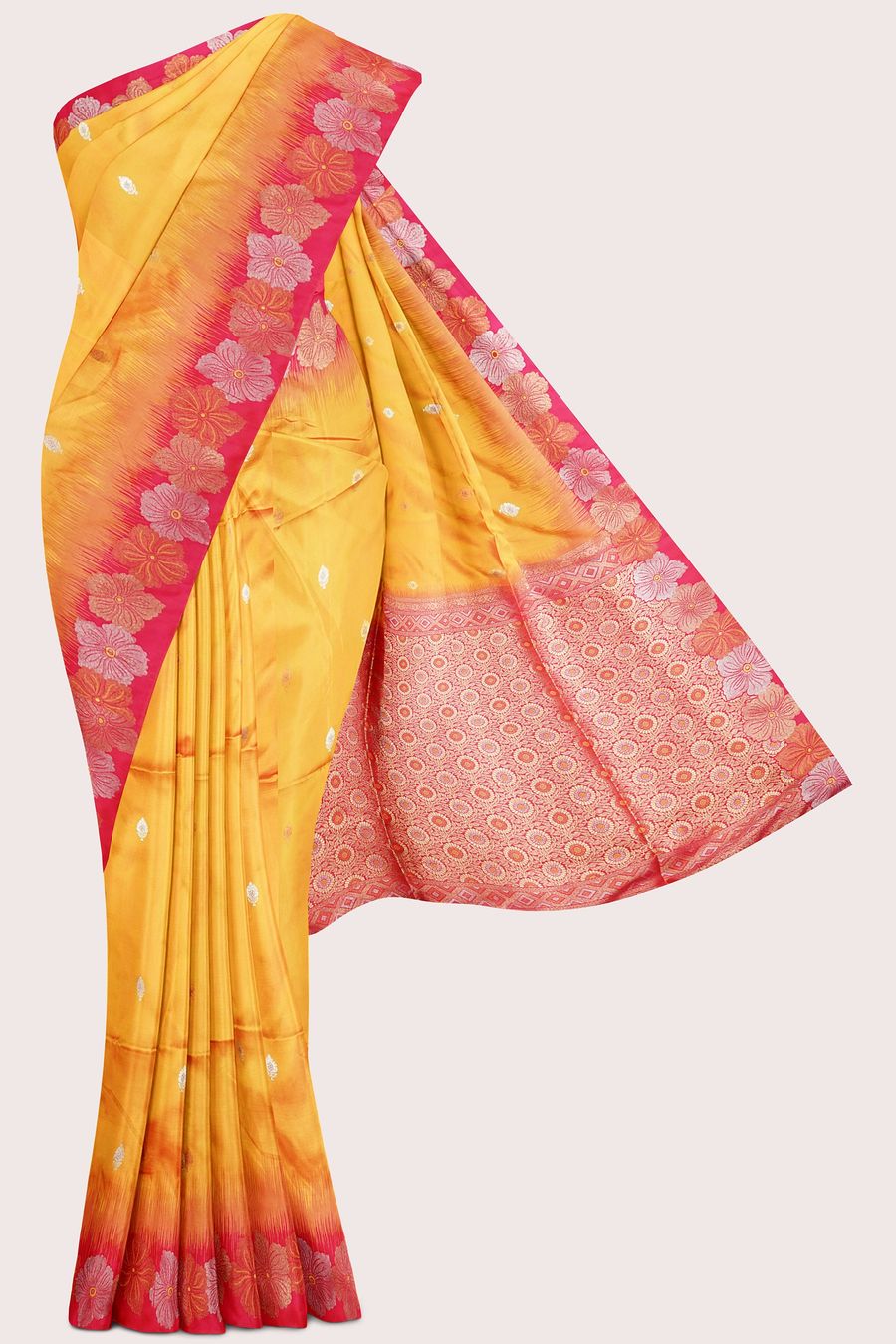 Soft Uppada Silk Flower Bunch Mango Yellow And Pink Saree
