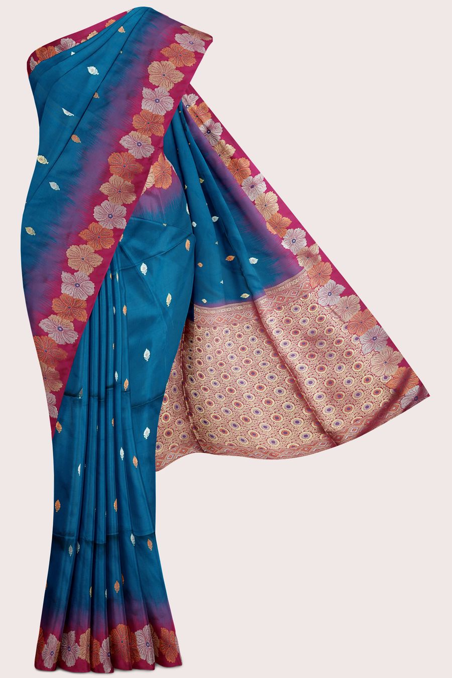 Soft Uppada Silk Flower Bunch Peacock Blue And Magentha Pink Saree