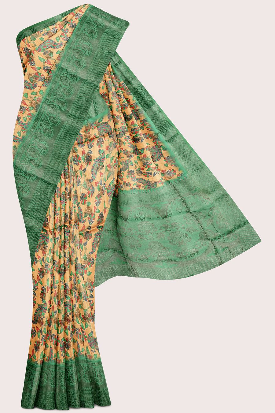 Soft Uppada Silk Kalamkari Printed Light Orange And Green Saree