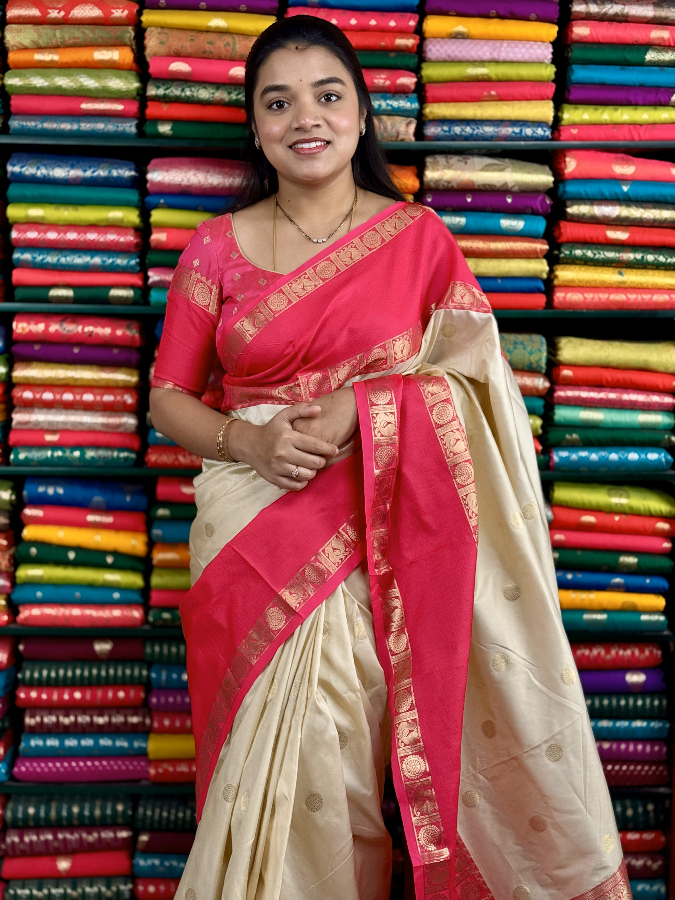 Fancy Pattu Gap Border Cream And Pink Saree