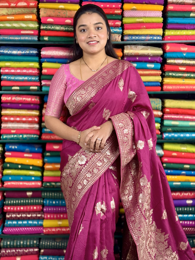 Catalouge Munga Silk Badla Zari Butta Dark Pink And Baby Pink Saree