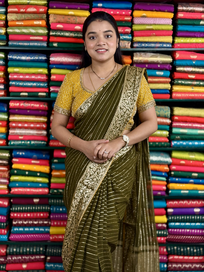 Pure Georgette Designer Readymade Blouse MehandhiGreen And Yellow Saree