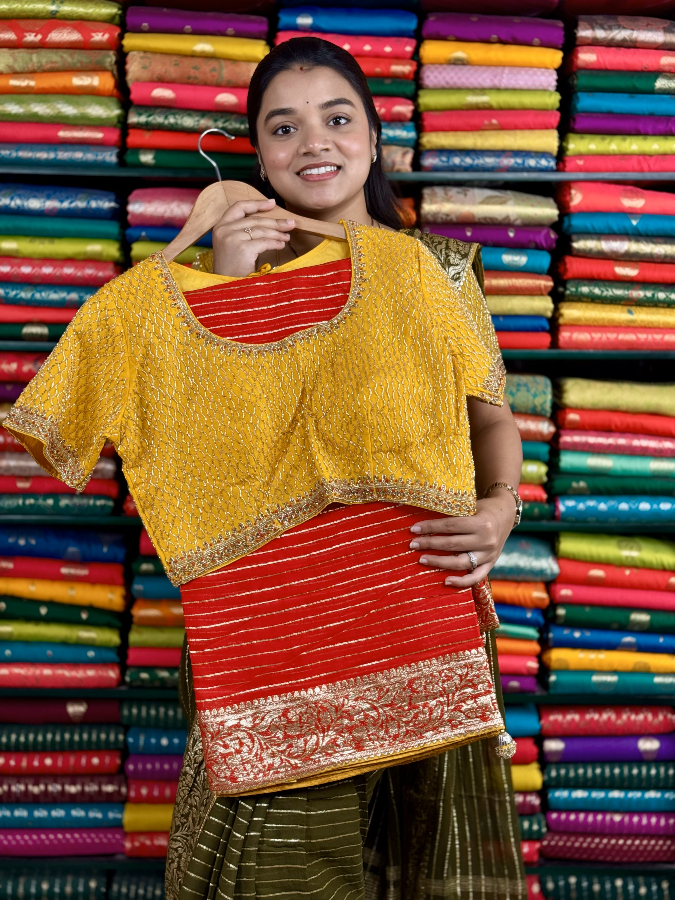 Pure Georgette Designer Readymade Blouse Red And Yellow Saree
