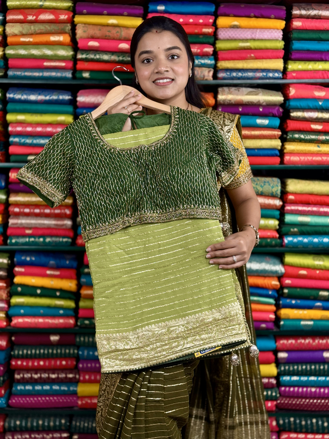 Pure Georgette Designer Readymade Blouse Light Green And BottleGreen Saree