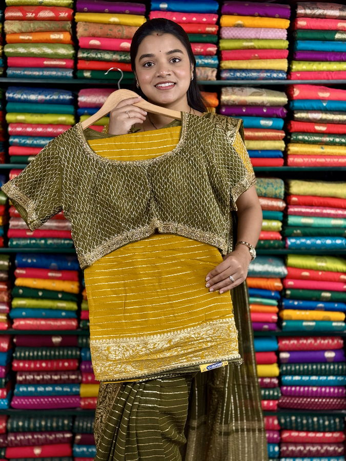 Pure Georgette Designer Readymade Blouse Yellow And MehandhiGreen Saree