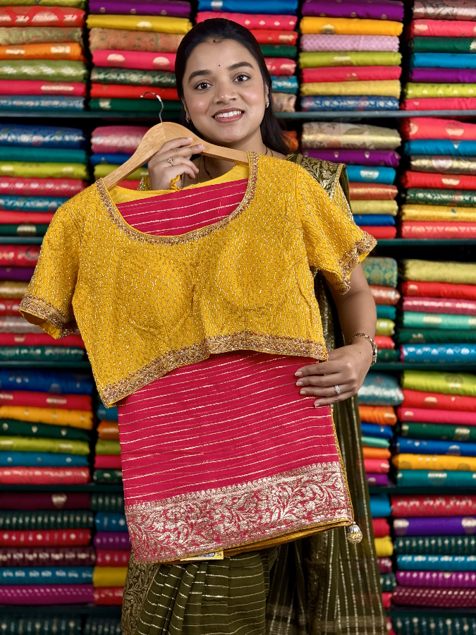 Pure Georgette Designer Readymade Blouse Pink And Yellow Saree