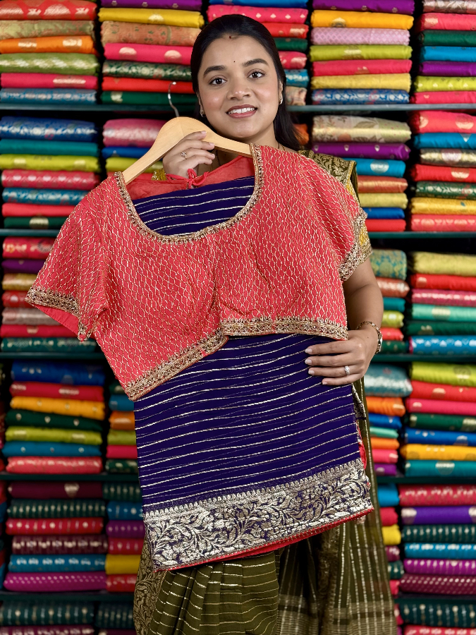 Pure Georgette Designer Readymade Blouse Purple And Pink Saree