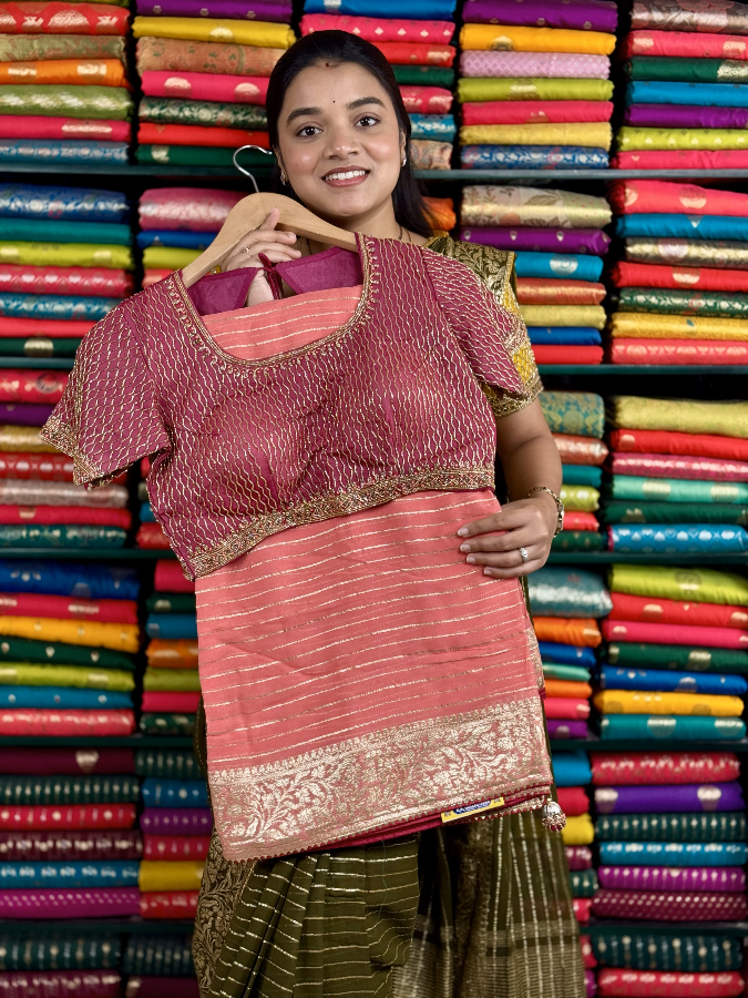 Pure Georgette Designer Readymade Blouse PeachPink And Dark Pink Saree