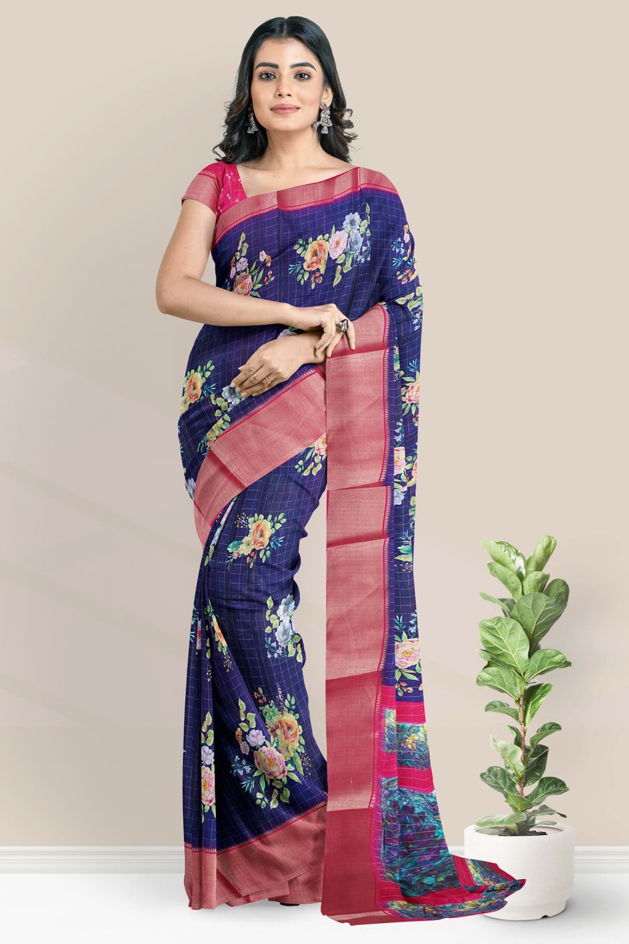 Cotton And Silk Mix Floral Digital Print Dark Navy Blue And Pink Saree