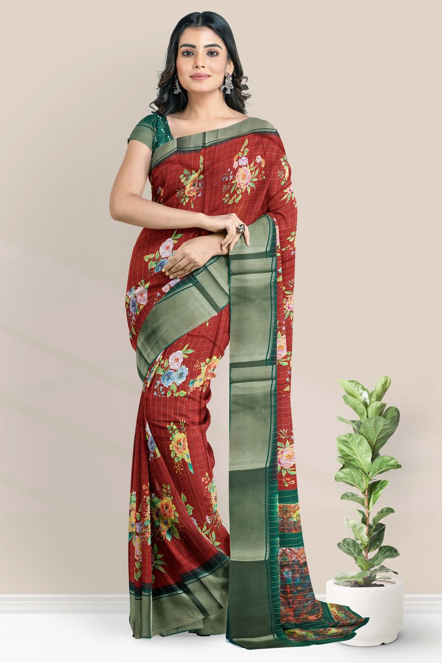 Cotton And Silk Mix Floral Digital Print Bright Maroon And Dark Green Saree