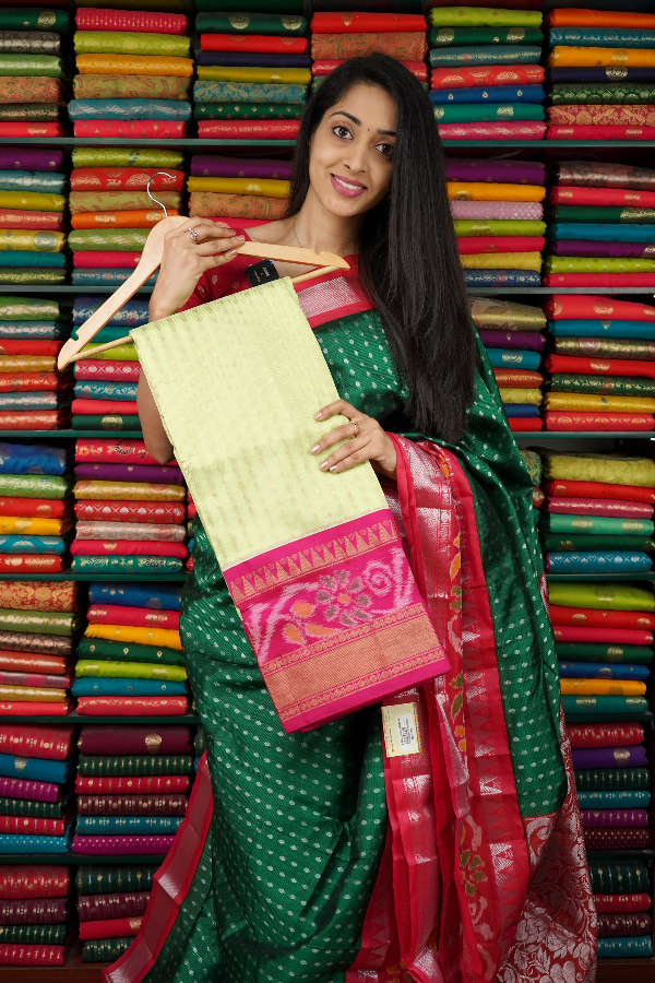Mangalagiri Pochampally Border Green And Pink Saree