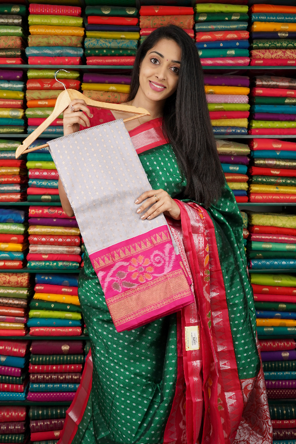 Mangalagiri Pochampally Border Gray And Pink Saree