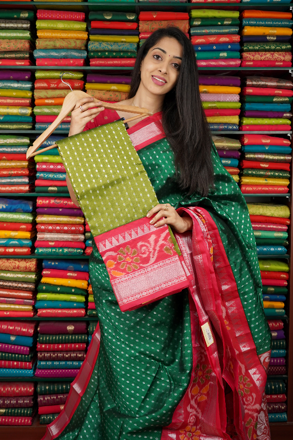 Mangalagiri Pochampally Border Mehandi Green And Pink Saree