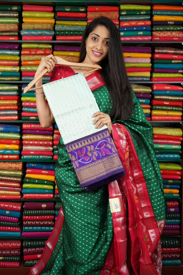 Mangalagiri Pochampally Border Light Sea Green And Purple Saree
