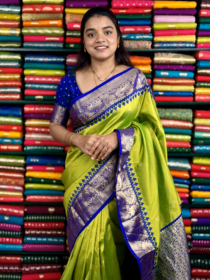 Fancy Pattu Meena Butta ParrotGreen And RoyalBlue Saree