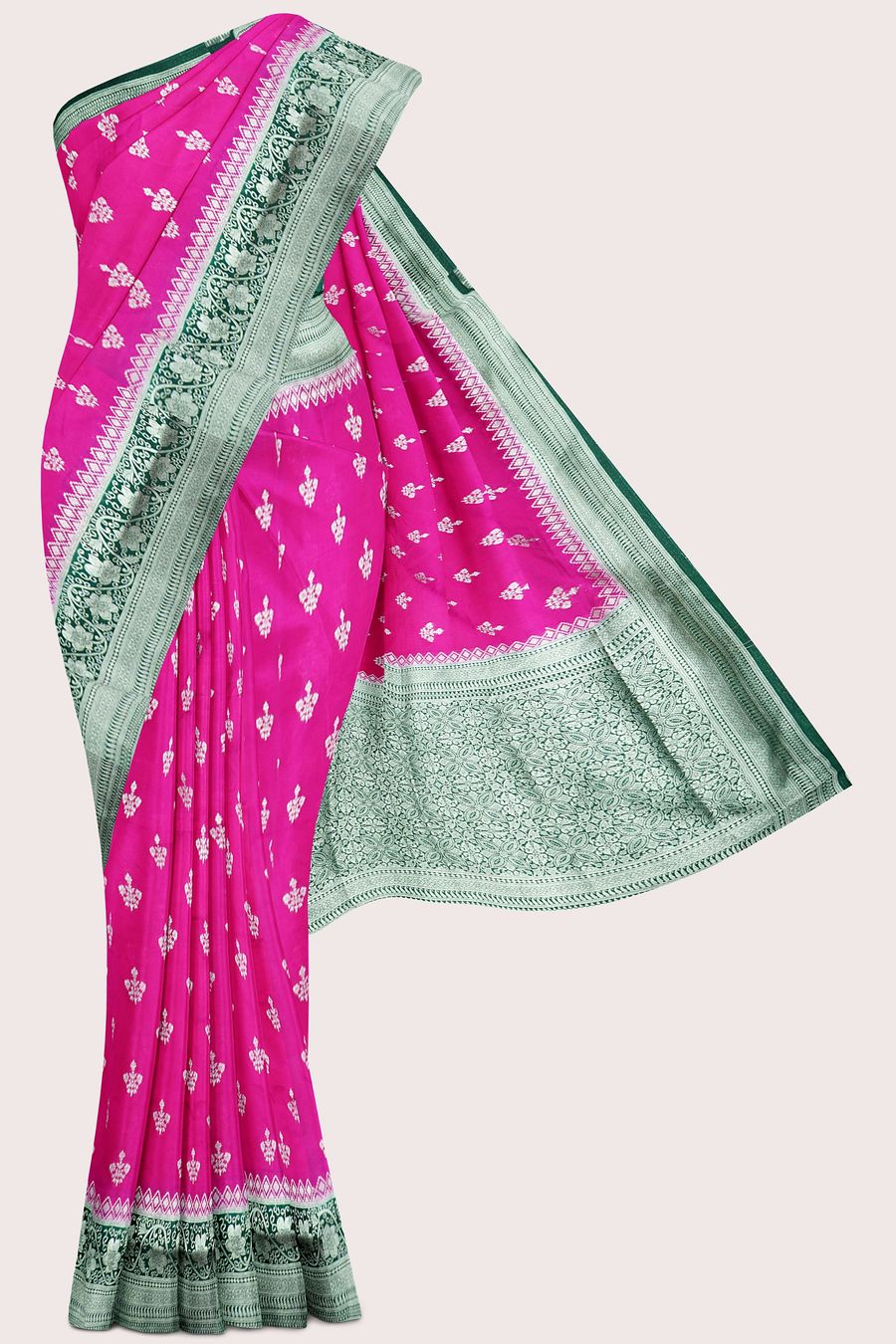 Semi Kathan Silk Flower Butti Rani Pink And Dark Green Saree