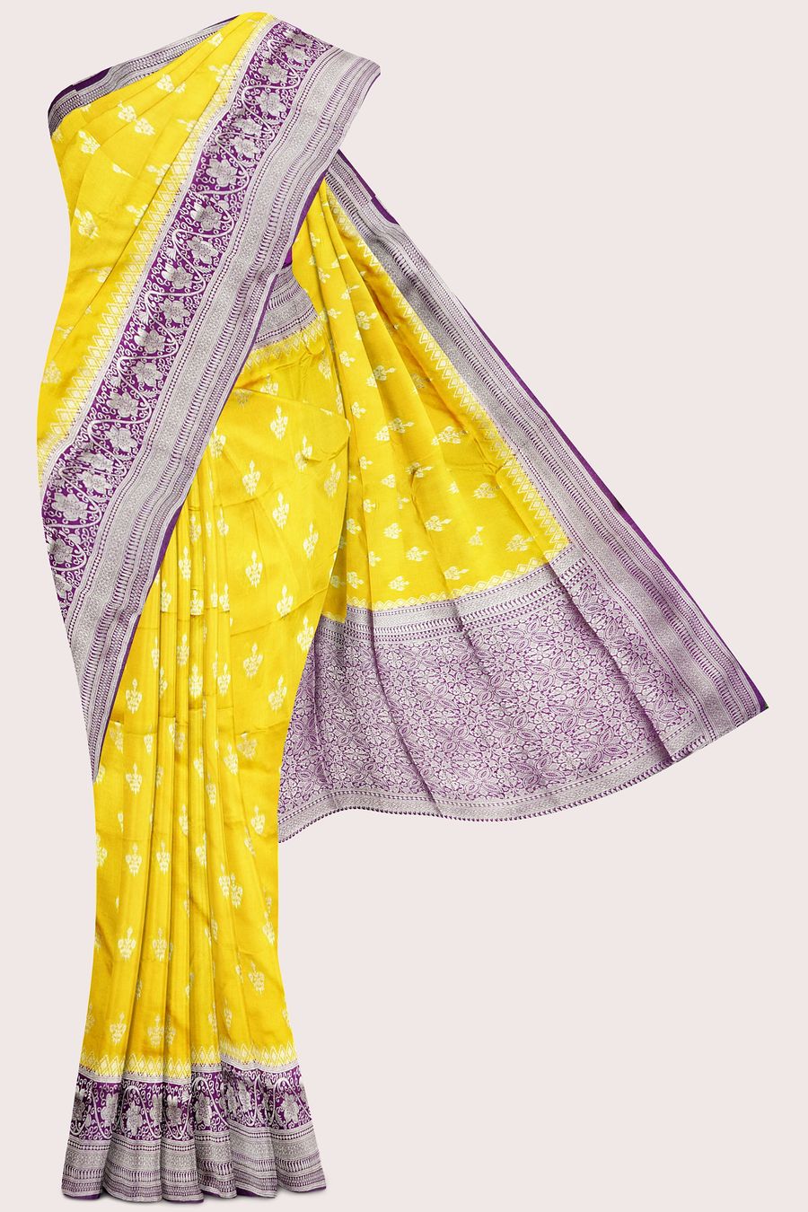 Semi Kathan Silk Flower Butti Musturd Yellow And Purple Saree