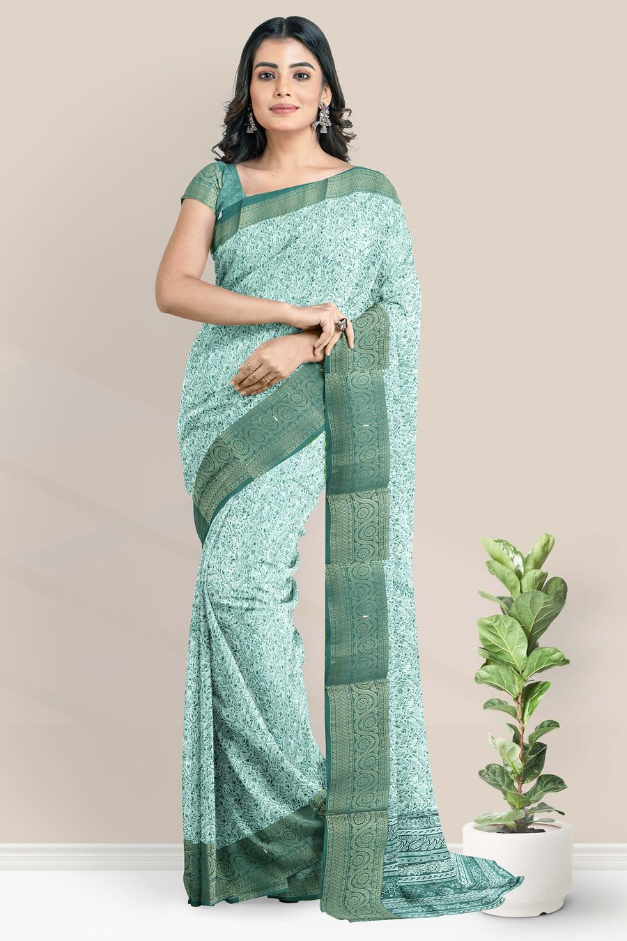 Cotton And Silk Mix Leaf Printed Design Green Saree