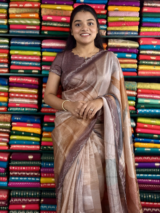 Soft Kora Crushed Light Brown And Dark Mauve Saree