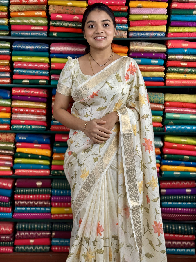 Fancy Silk AllOver Creeper Print Half White Saree
