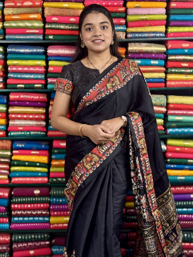 Fancy Crepe Kalamkari Border Black Saree