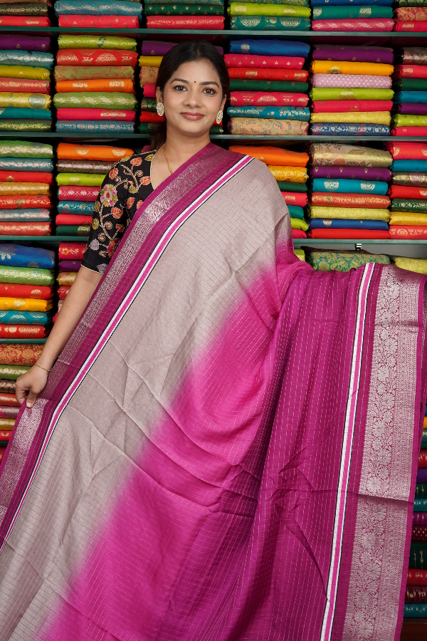Fancy Silk Checks With Zari Border Light Chikoo And Magenta Pink Saree