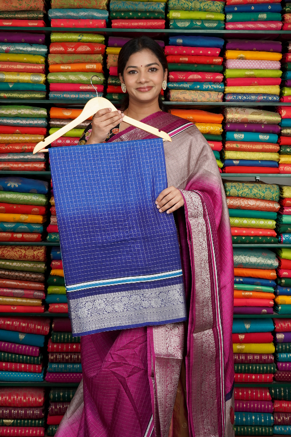 Fancy Silk Checks With Zari Border Coppersulphate Blue And Navy Blue Saree