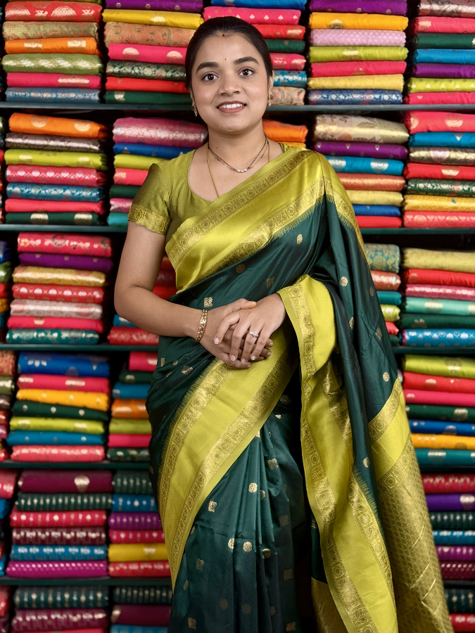 Fancy Pattu Butta GapBorder Dark BottleGreen And Light LeafGreen Saree