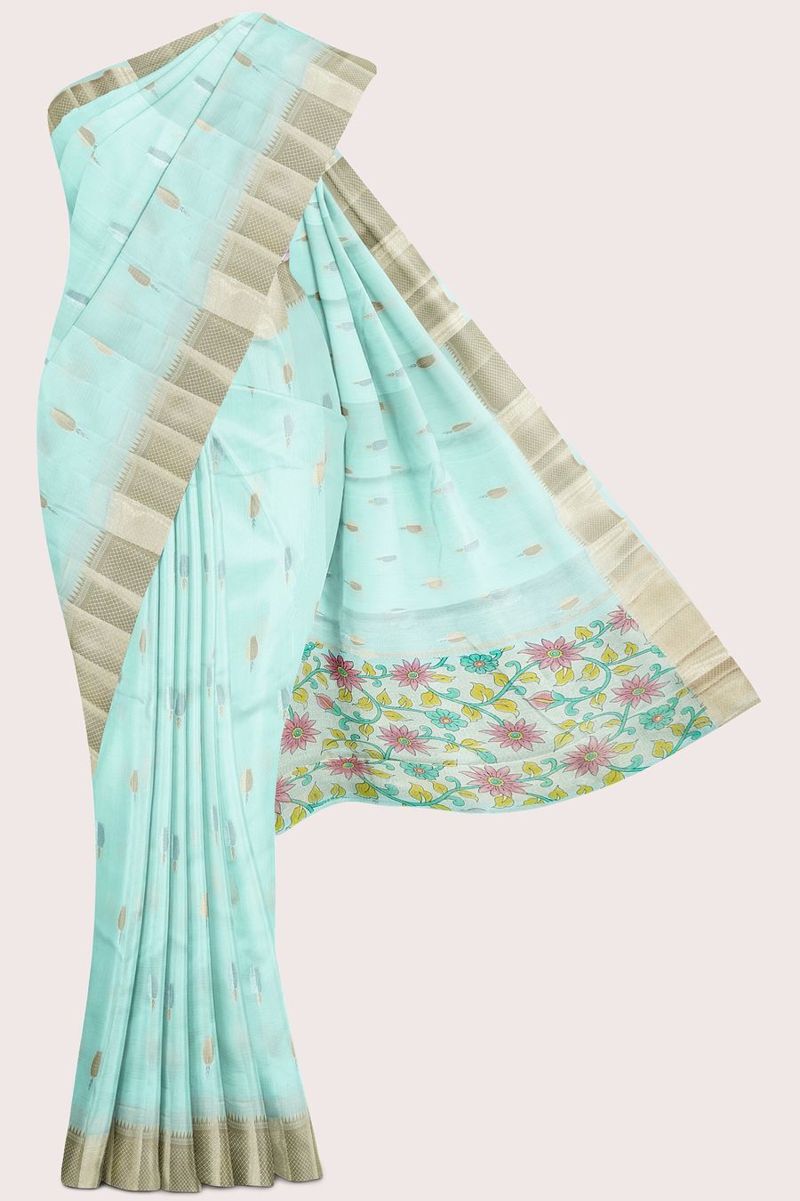 Semi Mangalagiri Bud Butti Silver And Gold Zari Weaving Light Sea Green Saree