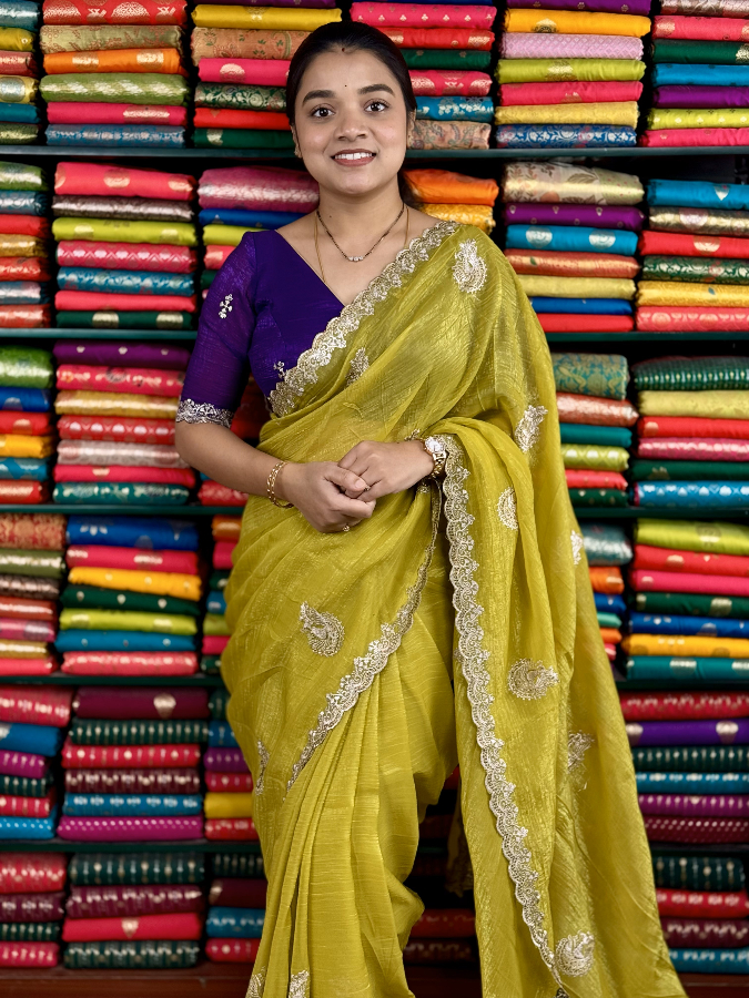 Shimmer Chiffon Scallop Border Greenish Yellow And Purple Saree