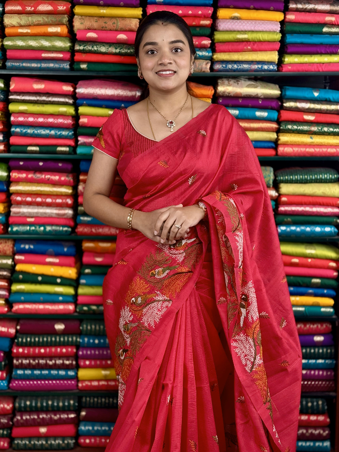 Tussur Silk Bird Embroidery Border Red Saree