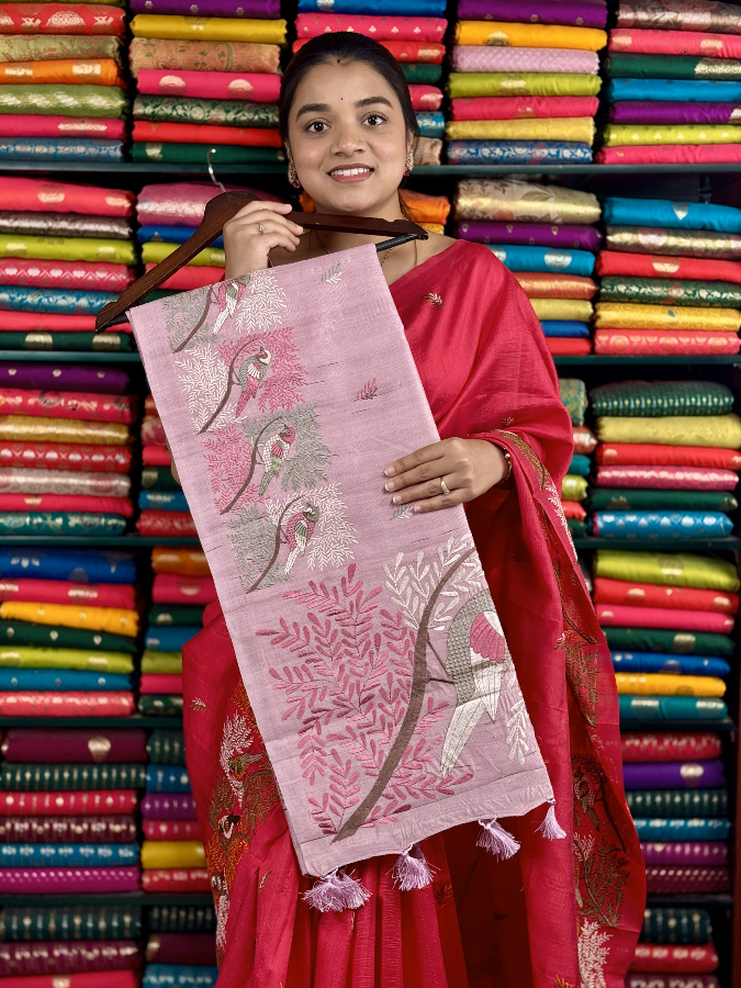 Tussur Silk Bird Embroidery Border Light Pink Saree
