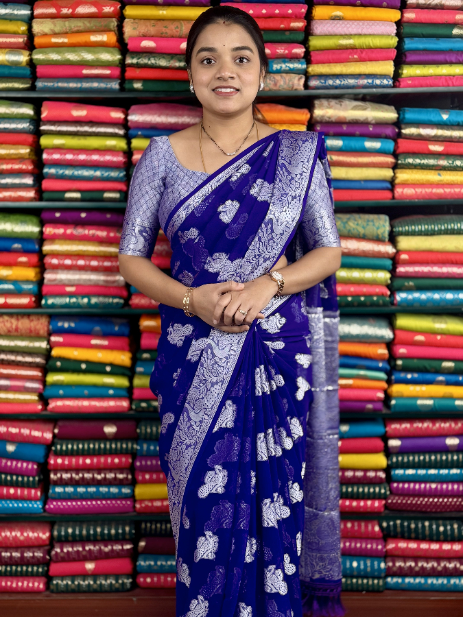 Georgette Silver Thread Work Peacock Butti RoyalBlue Saree