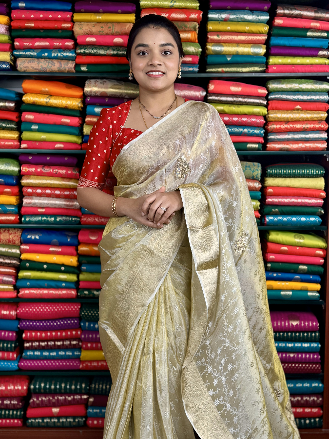 Tissue Hand made Work Gold And Maroon Red Saree