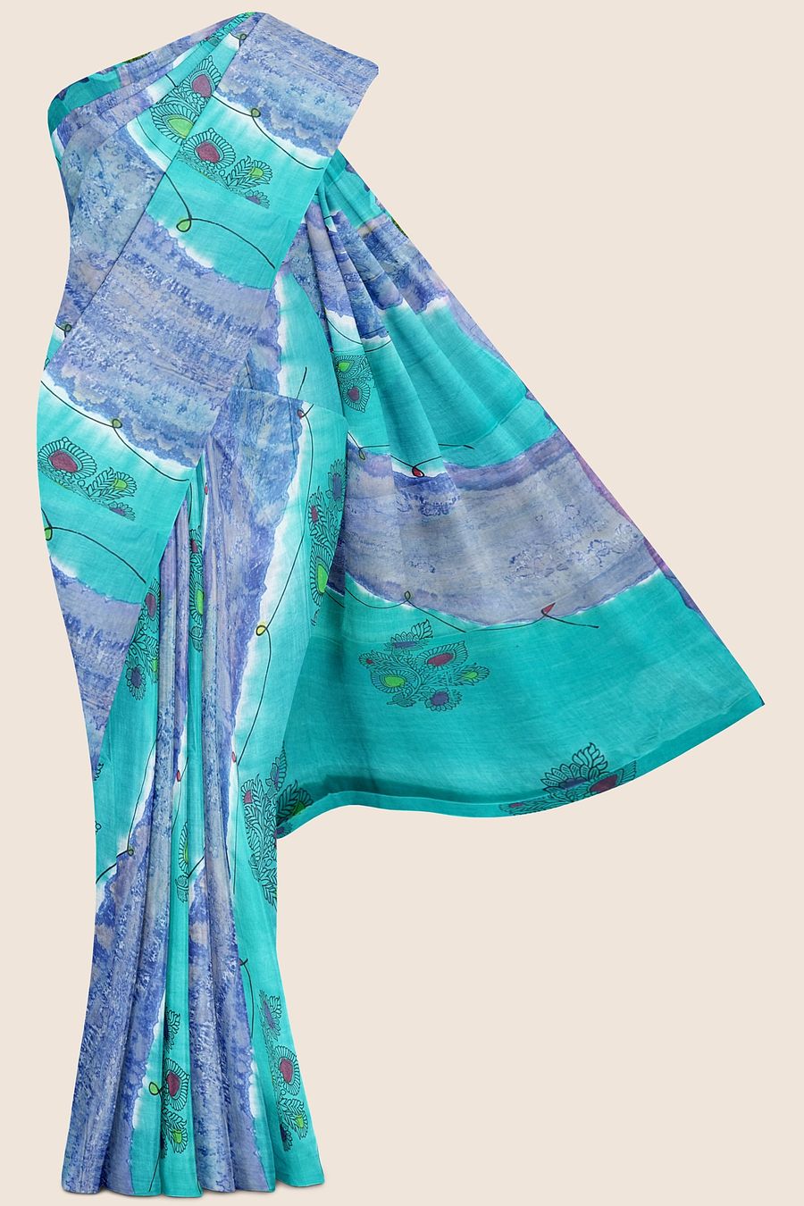 Summer Printed Cotton Rama Green And Royal Blue Mix Saree