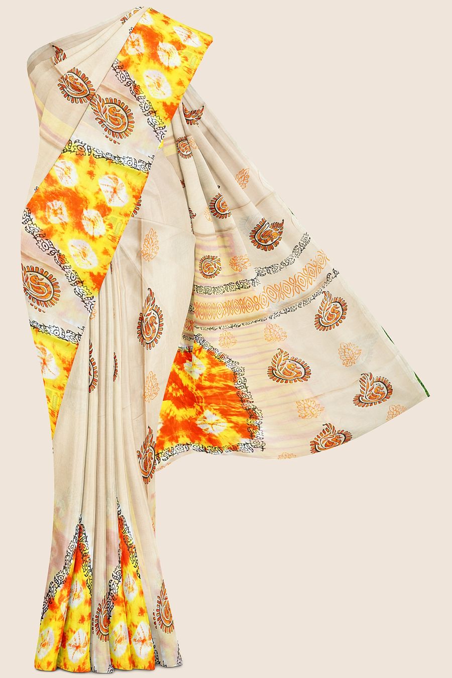 Summer Printed Cotton Muskmelon And Yellow Mix Saree