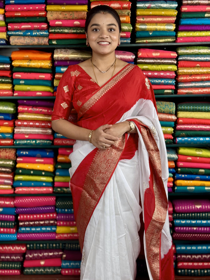 Russian Georgette Zardosi Work Bunches Kanchi Border White And Red Saree