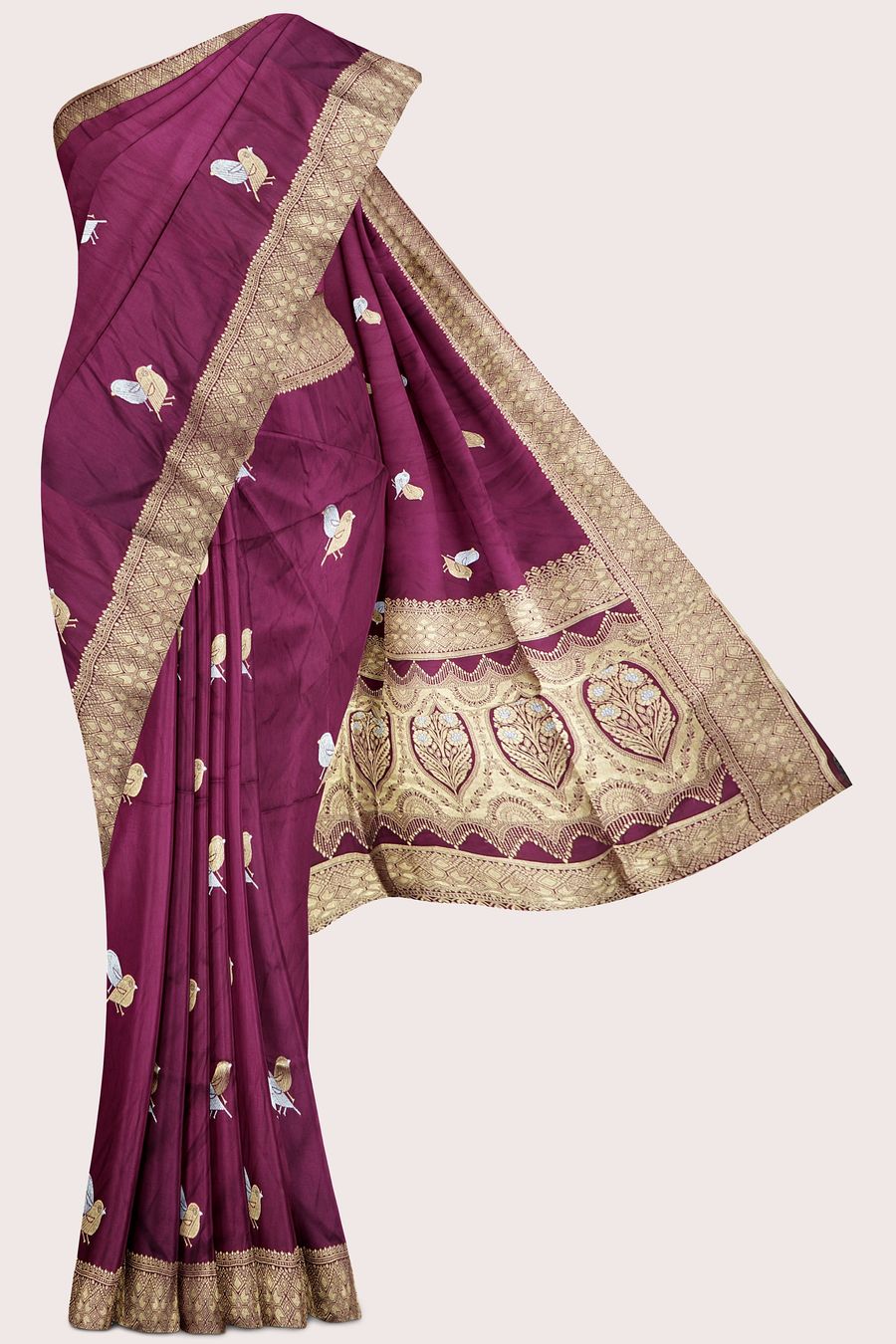 Victorian Crepe Silk Bird Butti With Brocade Border Dark Wine Saree