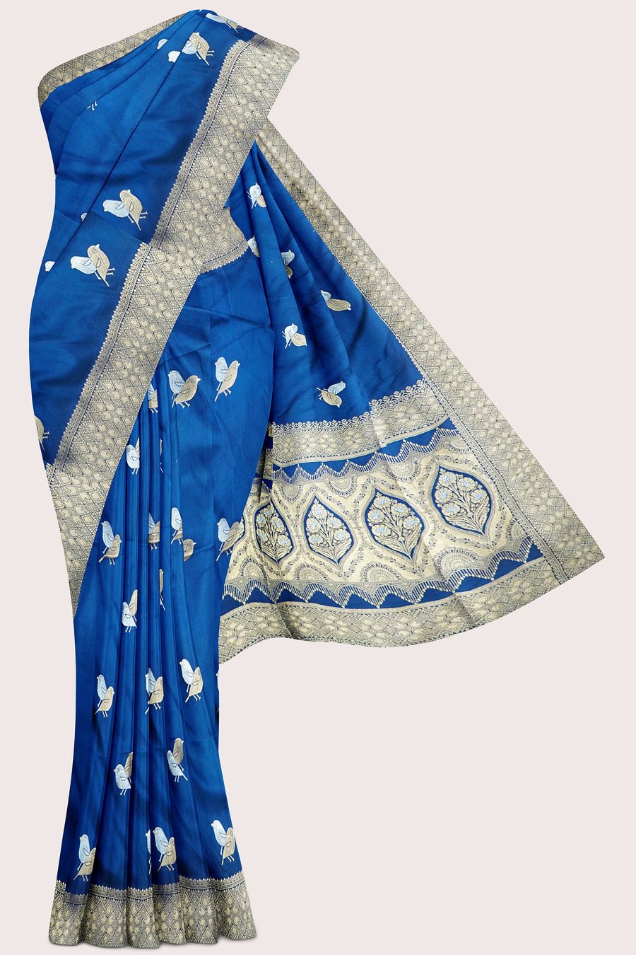 Victorian Crepe Silk Bird Butti With Brocade Border Peacock Blue Saree