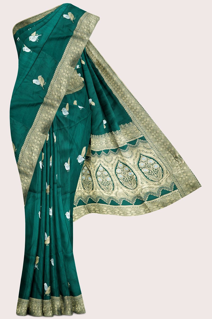Victorian Crepe Silk Bird Butti With Brocade Border Dark Green Saree
