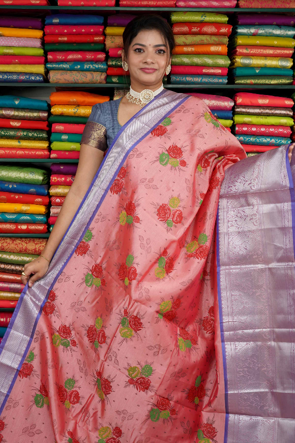 Mangalagiri Pattu FloralPrint Kanakambaram And Blue Saree