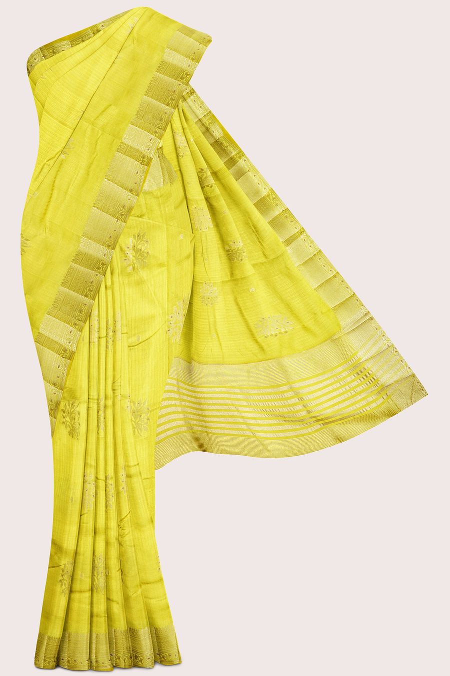 Kadi Silk Double Border Weaving And Gold Butti Light Pesara Green Saree