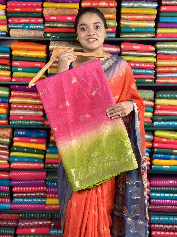 Fancy Soft Silk Dye Borders Pink And ParrotGreen Saree