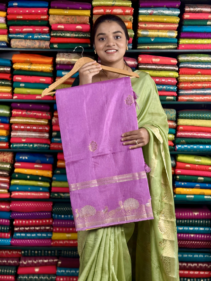 Mashru Silk Zari Butta Dark Lilac And Maroon Saree