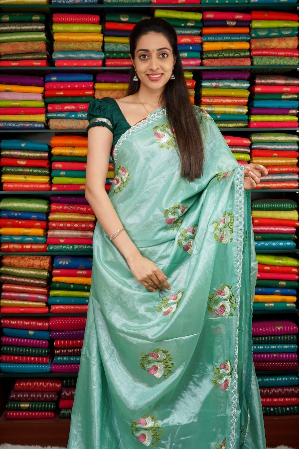 Shimmer Tussur Embroidery Sea Green Saree