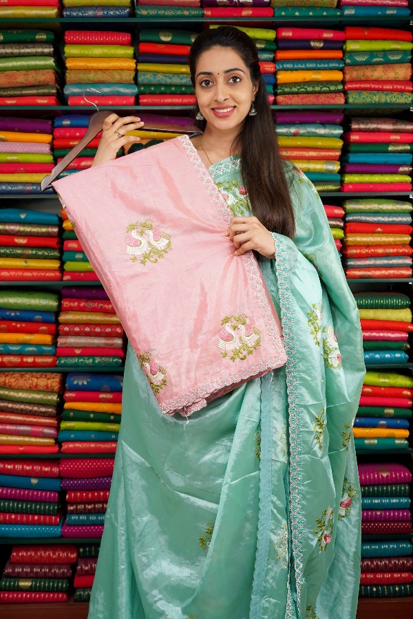 Shimmer Tussur Embroidery Peach Saree
